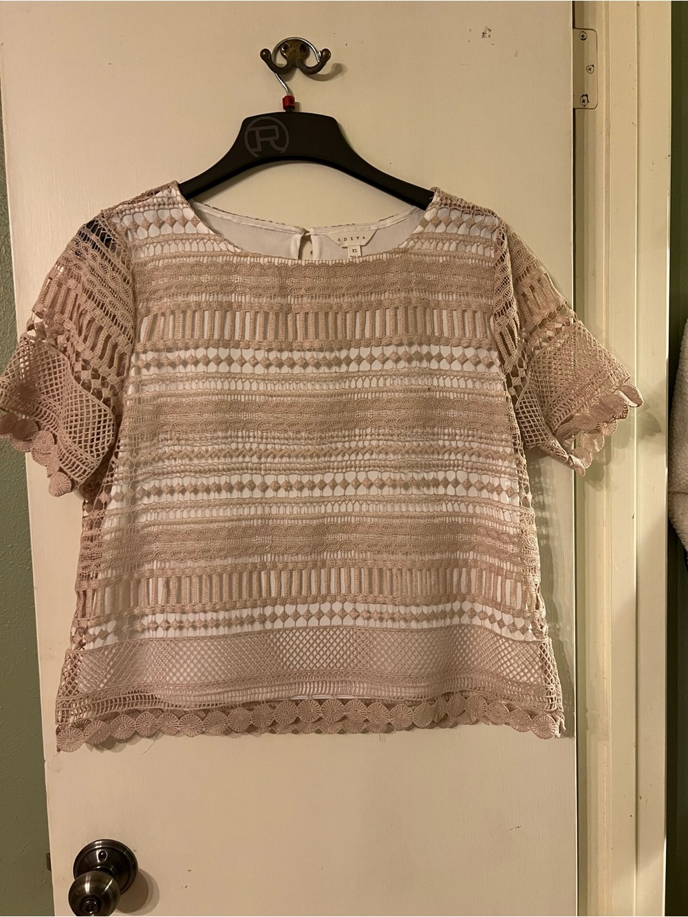 Adiva Beige Nude Crochet Lace Overlay X-Large XL Short Sleeve Blouse Shirt